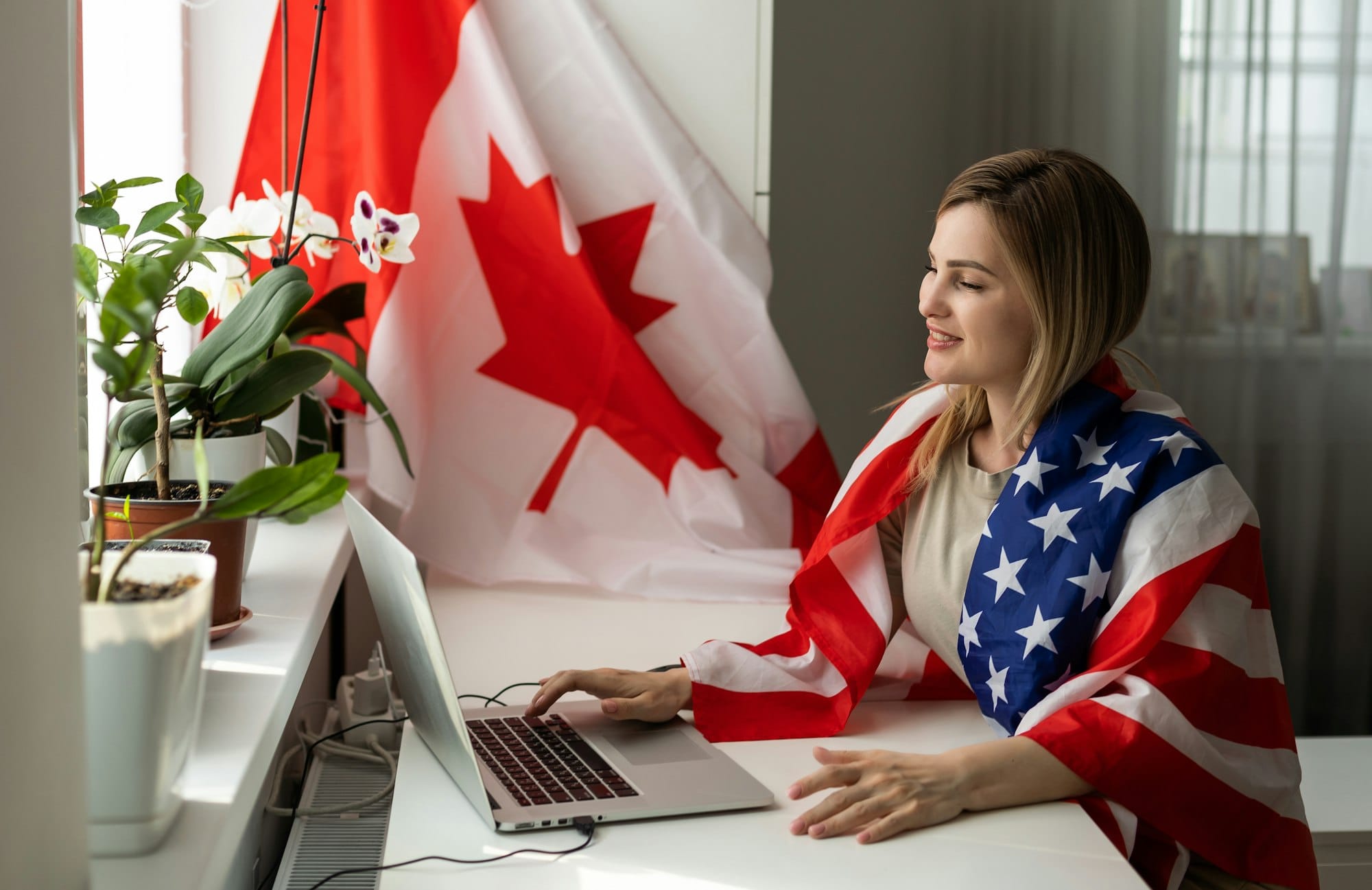 woman with laptop and usa flag. Foreign languages learning, educational online course